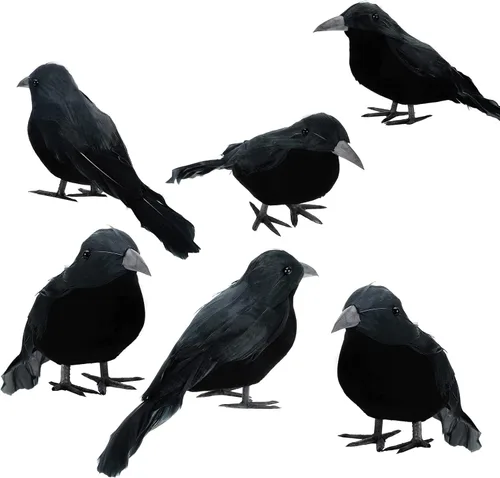 Ochine Cuervos de plumas negras de Halloween con nido de aspecto realista pájaros negros cuervos accesorios decoración de Halloween pájaros tamaño B