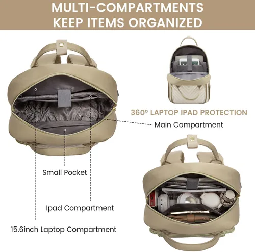 Miniatura 6 de LOVEVOOK Mochila para laptop para mujer, mochila de trabajo de moda con puerto USB, mochilas impermeables para el trabajo., Caqui-beige, 15,6 pulg.