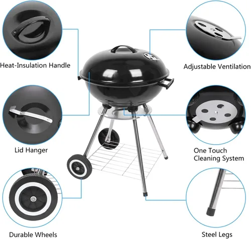 Miniatura 4 de Parrillas de carbón de 18 pulgadas con ruedas, parrilla de hervidor para cocinar al aire libre, barbacoa, barbacoa, parrilla de carbón con estante