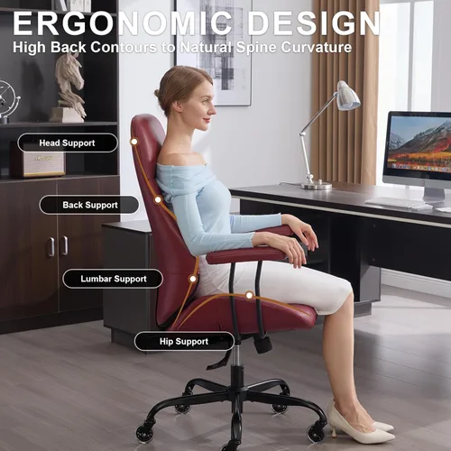Miniatura 5 de E-Motie Silla de Escritorio para Oficina en Casa, Silla de Computadora de Cuero Ergonómica de Respaldo Alto con Soporte Lumbar, Altura Ajustable