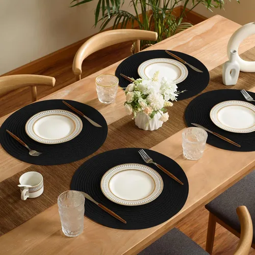 Miniatura 7 de FunWheat Juego de 4 manteles individuales redondos trenzados para mesas de comedor, manteles tejidos resistentes al calor, 15 pulgadas
