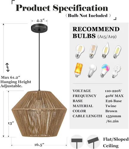 Miniatura 3 de ELYONA Lámpara Colgante Tejida Grande de 16.5 pulgadas Candelabro Moderno Boho Pantalla de Cesta de Ratán Tejida a Mano Accesorios de Lámpara