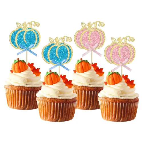 Miniatura 18 de Gyufise 24 piezas de decoración de cupcakes de calabaza con purpurina para temática de otoño, Acción de Gracias, Halloween, baby shower, niños