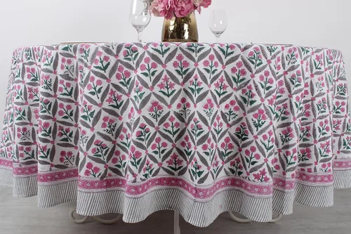Miniatura 2 de Ridhi Mantel redondo con estampado de bloque a mano, 100% algodón, reutilizable, rosa y blanco, de 110 pulgadas, mantel decorativo para uso diario