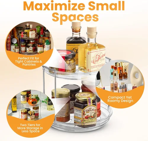 Miniatura 4 de Oizeir Organizador Lazy Susan de 2 niveles para gabinete, estante giratorio de especias de acrílico transparente para cocina, despensa, encimera