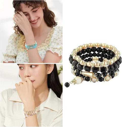 Miniatura 2 de Juego de aretes de joyería para mujer, pulseras apilables con cuentas para mujer, pulseras elásticas multicapa, joyería multicolor