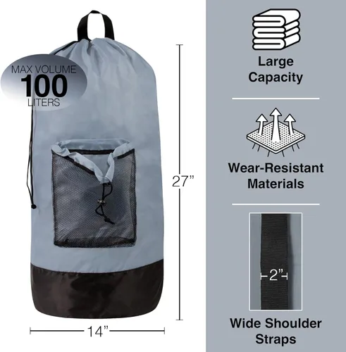 Miniatura 2 de Bolsa de lavandería con correas para el hombro y bolsillo de malla, mochila de lavandería grande portátil para lavandería universitaria, apartamento
