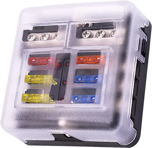 Bloque de fusibles de 6 vías, fusible de cuchilla de 12V, 6 circuitos ATC/ATO, soporte para caja de fusibles impermeable con indicador LED, cubierta