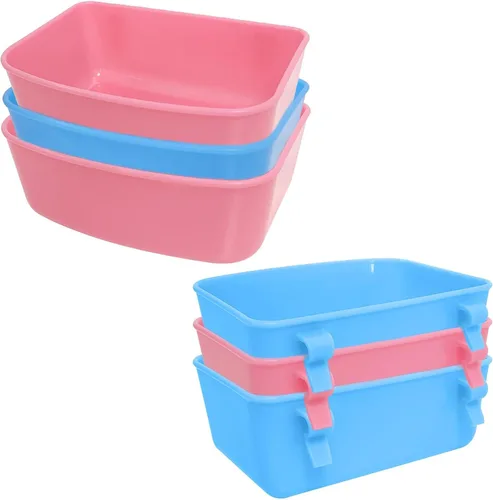 Miniatura 8 de Paquete de 6 comederos (azul, rosa), comedero colgante, recipiente de alimentos y agua, cuenco de agua de baño universal para pájaros, hámsters
