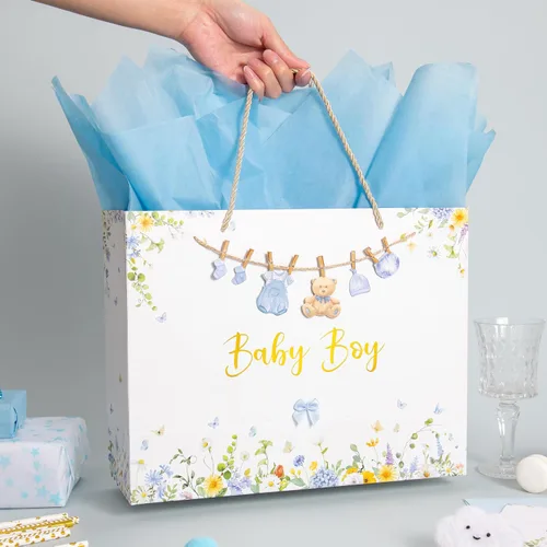 Miniatura 7 de Crisky Bolsa de regalo grande de 13" para niño con papel de seda, tarjeta de regalo y lazo para decoración de baby shower y cumpleaños de niño