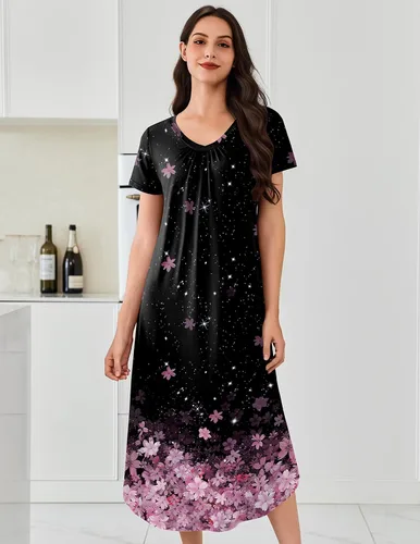 Miniatura 4 de Ekouaer Paquete de 3 camisones largos para mujer, talla grande, vestido de casa de manga corta, cuello en V, camisón casual, M-5XL