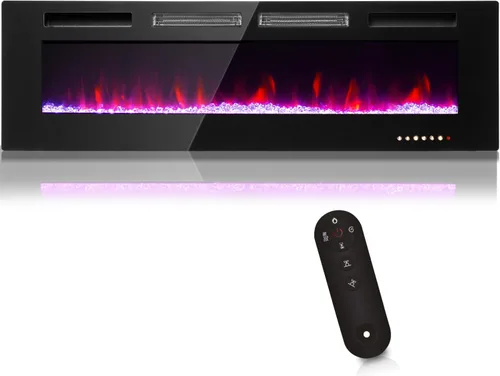 Chimenea eléctrica empotrada y montada en la pared con llama de 12 colores, control remoto de pantalla táctil, juego de registro y cristal