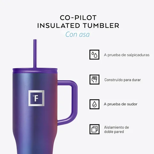 Miniatura 2 de IRON °FLASK Co-Pilot Taza térmica con popote y tapas abatibles, botella con asa para bebidas calientes o frías, a prueba de fugas, para agua o café