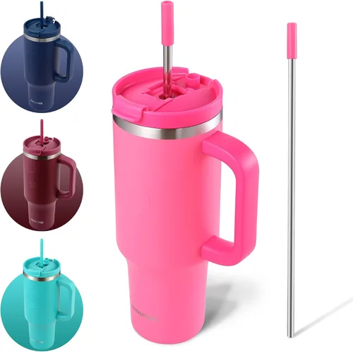Miniatura 12 de FAHRMOSIS Vaso de 40 onzas con asa y pajita, taza aislada que cabe en el portavasos para bebidas frías y calientes, vaso a prueba de fugas