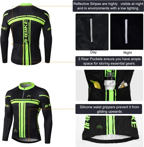 Miniatura 15 de INBIKE Conjunto de camiseta de ciclismo para hombre, reflectante, transpirable, traje de ciclismo de secado rápido, con pantalones cortos acolchados