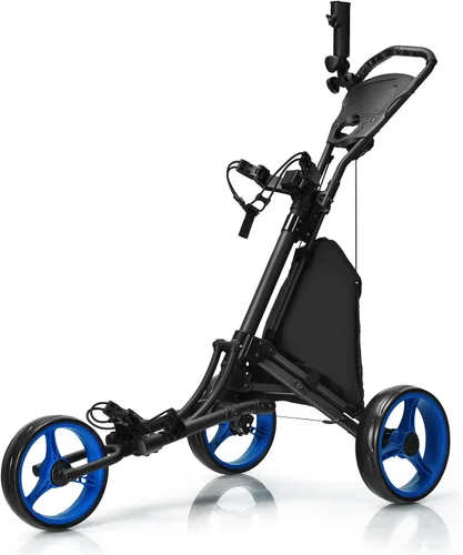 Miniatura 9 de Tangkula Carrito de golf de empuje, carrito de empuje plegable de aluminio ligero de 3 ruedas, carrito de golf con correa elástica, paraguas