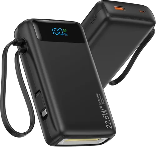 Cargador portátil, 27000 mAh 22.5 W, cargador de batería de carga rápida con cable integrado, batería USB C con pantalla LED / luz flash, cargador