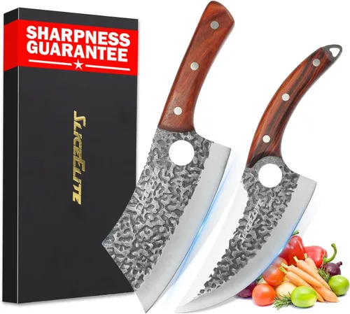 Miniatura 12 de SliceElite Cuchillo de carnicero profesional forjado a mano (juego de cuchillos de carnicero de 3 piezas con asas de madera de arena)