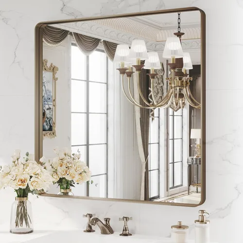 Miniatura 76 de WEER - Espejo de baño dorado, espejo de 40x32 pulgadas con marco de metal dorado cepillado, espejo de tocador de baño de oro para pared