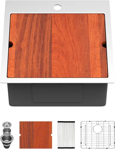 Miniatura 35 de Sarlai 15 Fregadero de Barra de 15x15 Pulgadas para Cocina, Fregadero de Barra de Acero Inoxidable de Calibre 16, Estación de Trabajo con Repisa