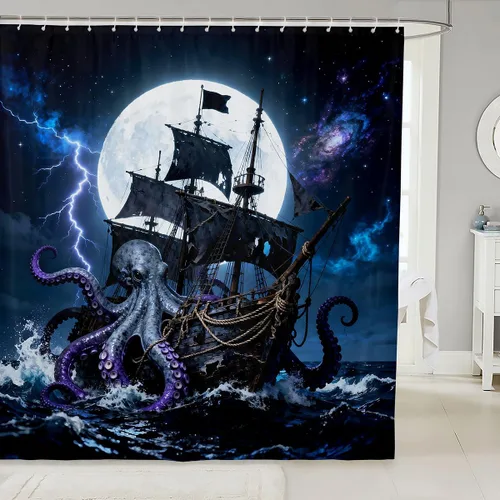 Miniatura 19 de Cortina de ducha de barco pirata de dibujos animados, 72 pulgadas de ancho x 72 pulgadas de largo, bonito sombrero pirata, bandera de calavera