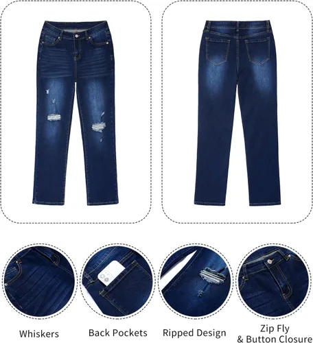 Miniatura 6 de GRAPENT Jeans para mujer de cintura alta, desgastados, pierna recta, rasgados, elásticos, pantalones de mezclilla occidentales, traje de los años 90