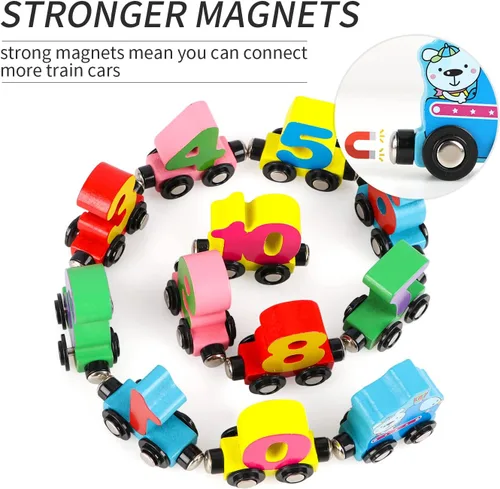 Miniatura 5 de Wondertoys Juego de 12 piezas de tren de madera con números de juguete, incluye 1 motor de autos para niños y niñas, compatible con las principales
