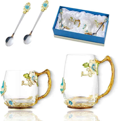 Miniatura 8 de Taza de té de vidrio para café, juego de tazas de té de lujo, cumpleaños, Navidad, día de San Valentín, idea de regalo para amantes del té y Azul