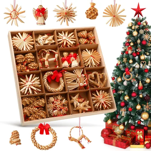 Juego de 56 adornos de paja escandinavos de Navidad, incluyendo estrellas, copos de nieve, corazones, corona de ángel, cabras/julbuck para árbol de