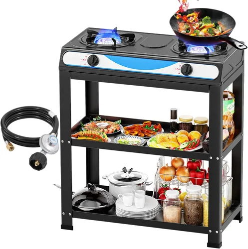 Estufa de gas propano de 2 quemadores, estufa de gas portátil de 19000 BTU con soporte para patas y adaptador, estufa de campamento de encendido