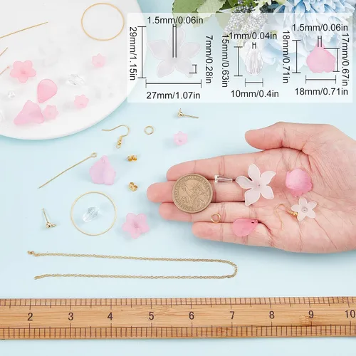 Miniatura 6 de SUNNYCLUE 1 caja DIY 10 pares de dijes de flores acrílicas colgantes de pétalos Kit de fabricación de colgantes de flores rosas cuentas de vidrio