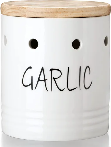 Contenedor de ajo de cerámica con tapa de madera, contenedor de ajo para mostrador, fácil de limpiar, ahorra ajo para mantener tus dientes de ajo