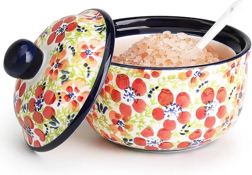 Miniatura 12 de silesia Azucarero hecho a mano con tapa y cuchara, tarro de azúcar de cerámica pintado a mano de 10 onzas para cocina en caja de regalo, decoración