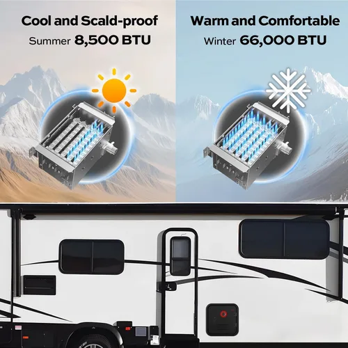 Miniatura 6 de Calentador de agua FOGATTI RV sin tanque, 66,000 BTU máximos, calentador de agua caliente para RV, tanque de mezcla incorporado, puerta negra