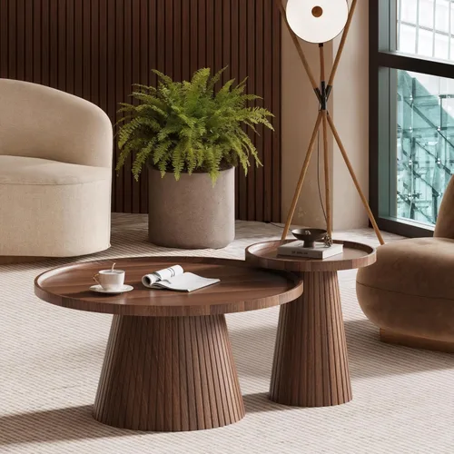 Miniatura 8 de win2win Juego de 2 mesas auxiliares anidadas, mesa de centro moderna de mediados de siglo con chapa de grano de madera, mesa de té redonda acanalada