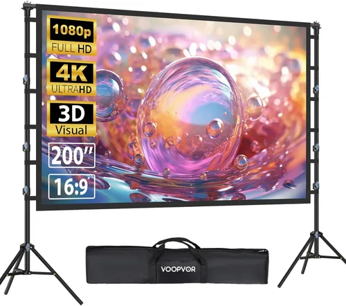 Pantalla de proyector de 200 pulgadas con soporte: VOOPVOR Pantalla de proyección grande portátil de 16 pies y soporte para exteriores, pantalla de