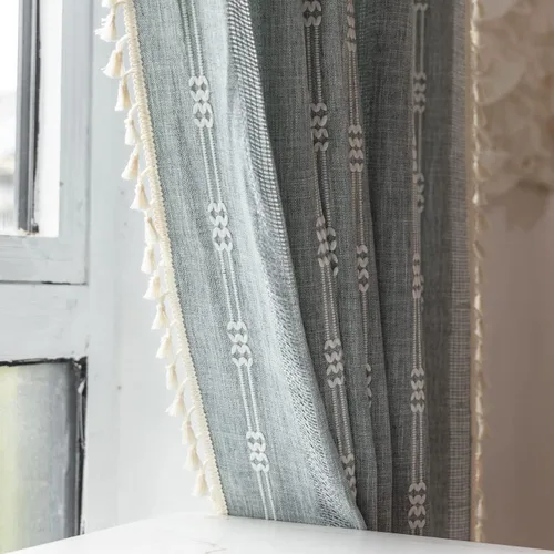 Miniatura 6 de 2 paneles de cortinas de lino semiopacas para ventana, bohemias y rústicas, con rayas bordadas y bolsillo para cortinero, para sala de estar