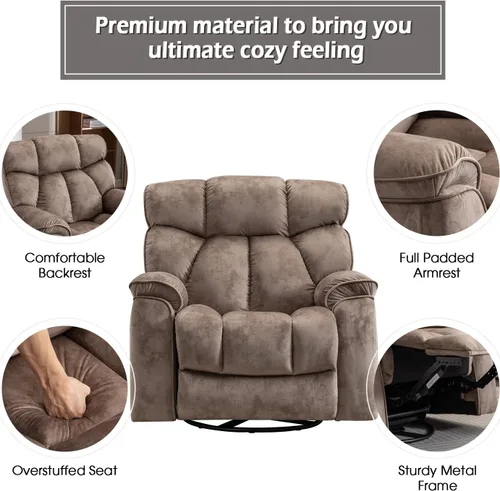 Miniatura 5 de INZOY Sillón Reclinable Balancín de Gran Tamaño con Calor y Vibración, Silla Reclinable Mecedora Giratoria Manual con Masaje Vibratorio, Sillón