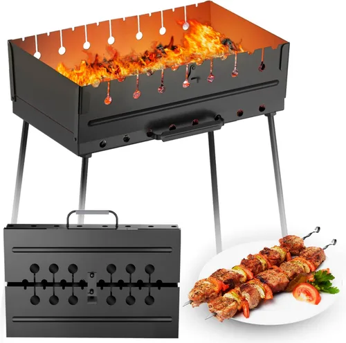 MHH Parrilla de carbón para 8 pinchos - Barbacoa portátil de 43 cm × 30 cm × 43 cm Parrilla de camping para pinchos - Mangal de metal plegable -