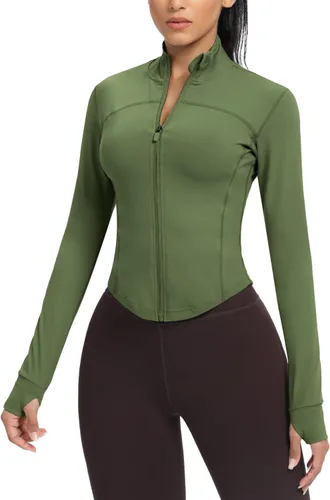 Miniatura 25 de AVGO Chaquetas de entrenamiento recortadas para mujer, con cremallera, ajustadas, atléticas, con agujeros para el pulgar