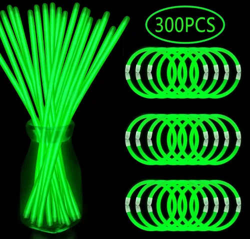 300 pulseras y collares verdes que brillan en la oscuridad a granel con conectores de 8 pulgadas, barras luminosas de neón para Hawii, carnaval,