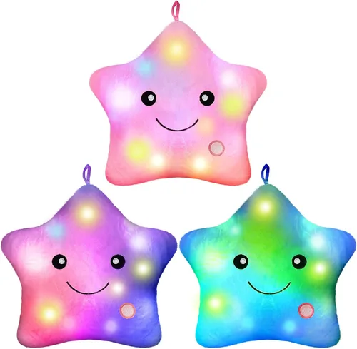 Juexica 3 almohadas de felpa LED de 13 pulgadas con luz LED centelleante que brilla intensamente, juguetes de peluche con luz nocturna, cojines