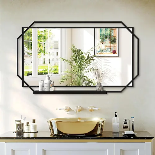Miniatura 10 de Espejo de baño con estante, espejo de pared rectangular negro, marco de metal, colgante horizontal o vertical (24 x 20 pulgadas)