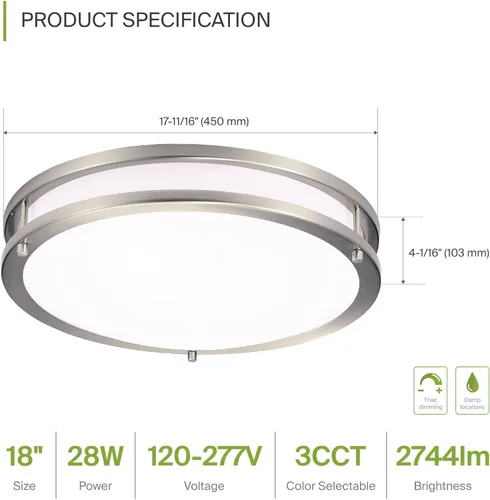 Miniatura 3 de ASD Lámpara LED de techo de montaje empotrado de 18 pulgadas, interruptor de 28 W, 100-277 V, 2750 lúmenes, 3000 K/4000 K/5000 K, regulable, Níquel