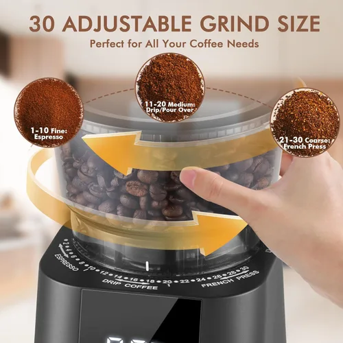 Miniatura 2 de AYCHIRO Molinillo de Café con Rebaba Eléctrico, Molinillo de Café Ajustable con 30 Configuraciones de Molienda, Molinillo de Granos de Café con Negro