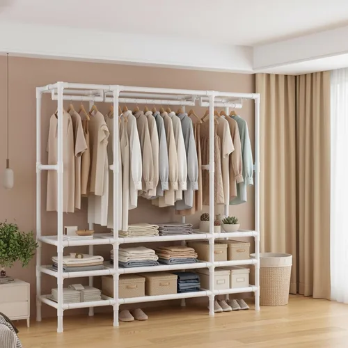 Miniatura 4 de Armarios portátiles para colgar ropa, perchero con funda, armario portátil con 1 varillas para colgar, 2 estantes de almacenamiento, 27.5 pulgadas