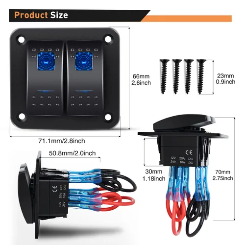 Miniatura 7 de GOOACC Panel de interruptores basculantes de 2 cuadras, 12 V, 24 V CC, color azul, panel de aluminio de 5 pines, encendido y apagado, panel