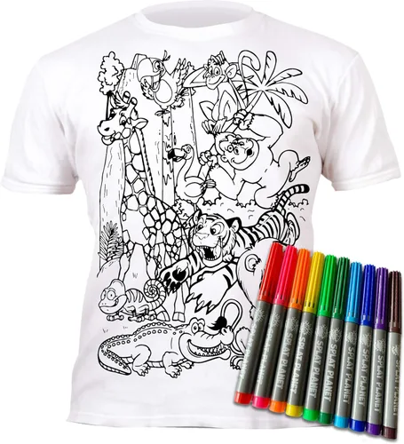 Splat Planet Colorea en animales del zoológico, camiseta Jungle Safari con 10 bolígrafos mágicos lavables no tóxicos y lavables, Blanco