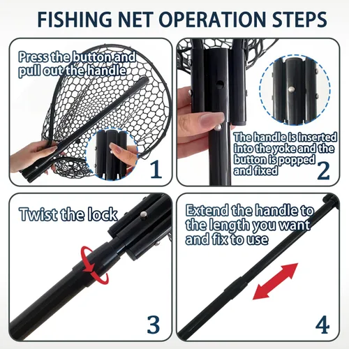 Miniatura 5 de Red de pesca de goma telescópica de metal con mango Longitud: 59 "Profundidad: 19.7 "Aro: 26 "x18" Muelle de red de aterrizaje de peces de silicona