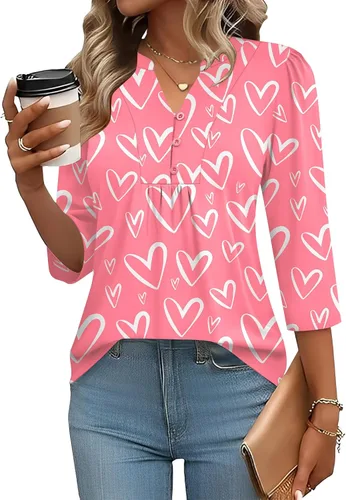 Miniatura 33 de IECCP Blusas de verano de manga 3/4 para mujer, estilo casual, cuello Henley, cuello en V, plisadas, ajuste holgado, blusas de trabajo